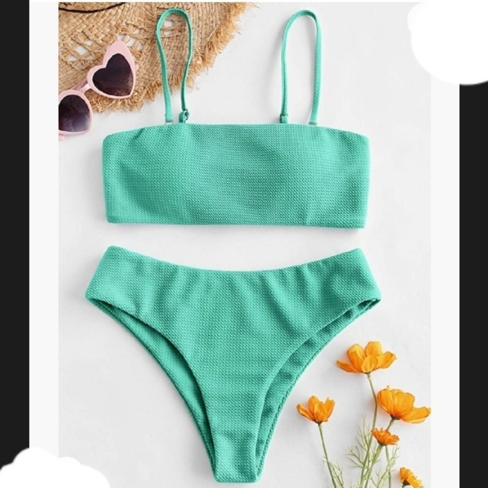 Zaful Mint Green Textured Bandeau Bikini with Adjustable Straps